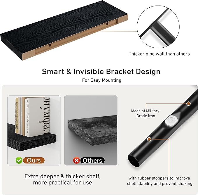 32Inch Floating Shelves, 9.3Inch Deep Rustic Wall Shelves - Extra Deeper & Thicker Wall Mounted Storage Shelf for Kitchen, Farmhouse - Set of 2 - Rustic Black