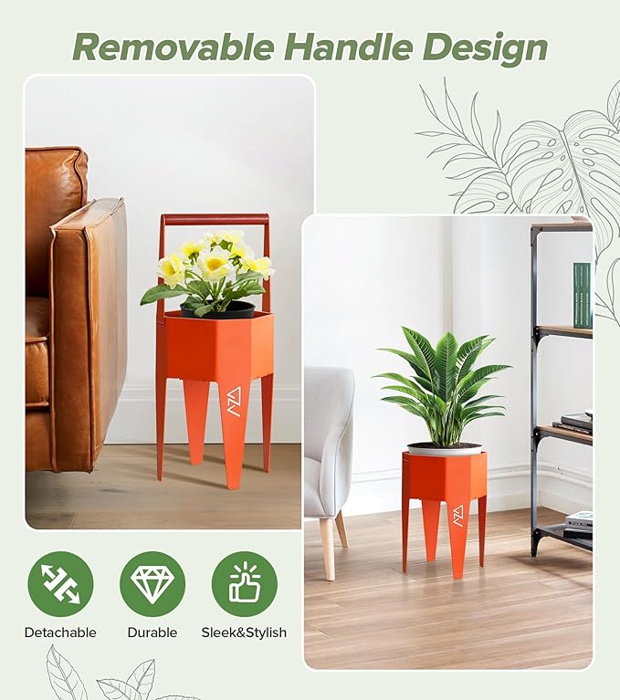 Planter with Stand, Metal 2 in 1 Portable Planter with Grow Bags & Handle, Stable Stylish Indoor Plant Pots with Stand, Modern Flower Pot Outdoor, 7.5'' x 17.3'', Orange, Plant Not Included
