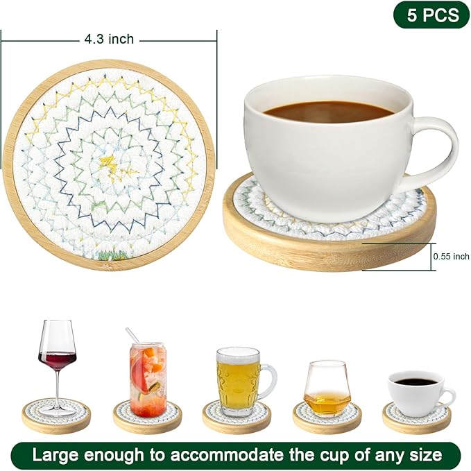 5 Pack Bamboo Wood Drink Coasters, Absorbent, 4.3 Inch Round Coasters for Coffee Tables, Kitchen, Farmhouse, and Office (White Series)