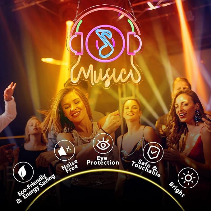 Live Music Neon Sign Earpoda Neon Sign for Wall Decor, Neon Wave Sign LED Light Sign, LED Signs for Bedroom Wall, Neon Lights Signs for Man Cave Bedroom, Wedding, Living Room, Party, Bar, USB Powered with Dimmer (12.6* 14.3in)