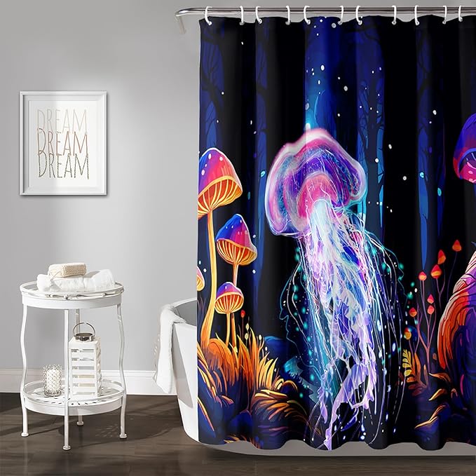AILONEN Beautiful Jellyfish Shower Curtain,Magic Mushroom Waterproof Fabric Bath Curtain for Kids Girls,Boho Style Mysterious Planet Shower Curtain Set for Bathroom, 60" W*72" H