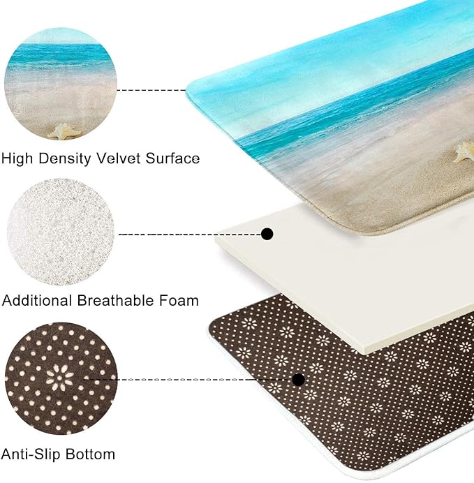Britimes Bath Mat for Bathroom, Blue Beach Starfish Sea Washable Cover Floor Rug Carpets Floor Mat Bathroom Decorations 18x30 Inches for Kitchen Bedroom Indoor