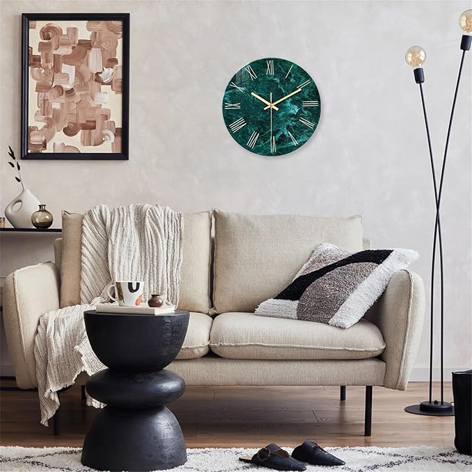 Teal Glass Wall Clock Battery Operated 20 Inch Large Wall Clocks for Living Room Decor Marble Minimalist Wall Clock Silent