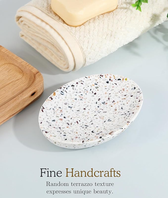 Luxspire Soap Dish, Resin Soap Tray Soap Holder Container Box, Oval Soap Plate Case, Sponge Dish Scrubbers Tray Holder for Bathroom Vanity Shower Kitchen Sink Counter Top, Terrazzo