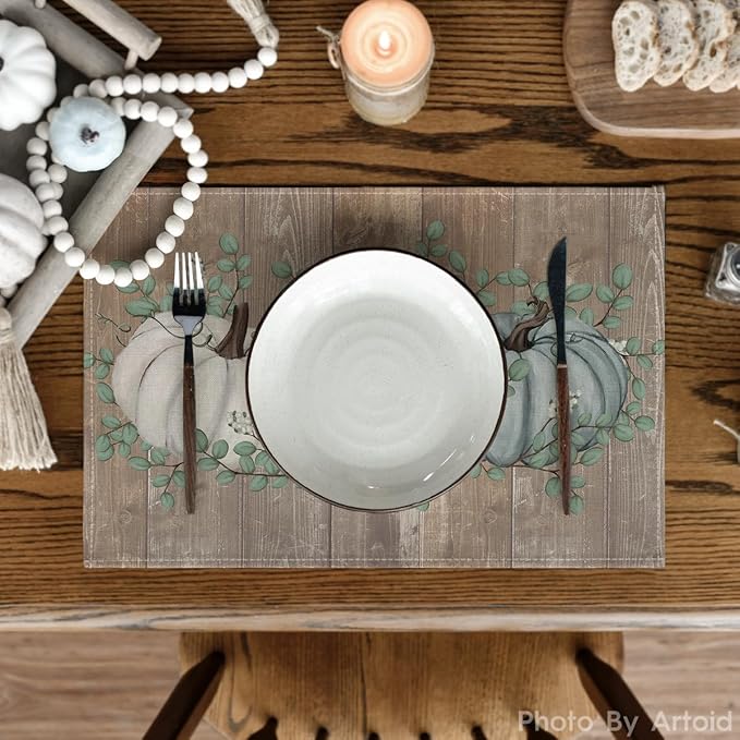Artoid Mode Wood Pumpkins Eucalyptus Leaves Fall Placemats Set of 4, 12x18 Inch Autumn Thanksgiving Harvest Vintage Table Mat for Party Dining Decoration