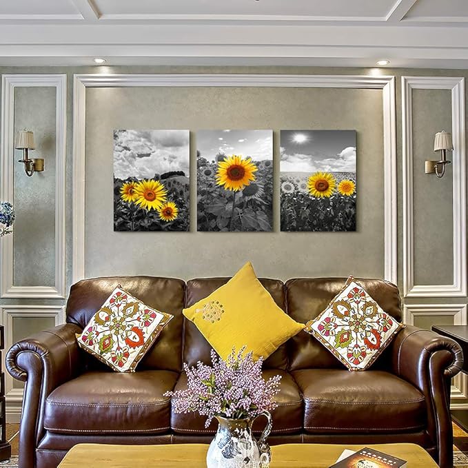 Large size Canvas Wall Art for Living Room family Bedroom wall painting Decoration,Bathroom Wall Decor kitchen Home Decoration Black and white sunflower flowerswall pictures artwork,16x24 3 piece