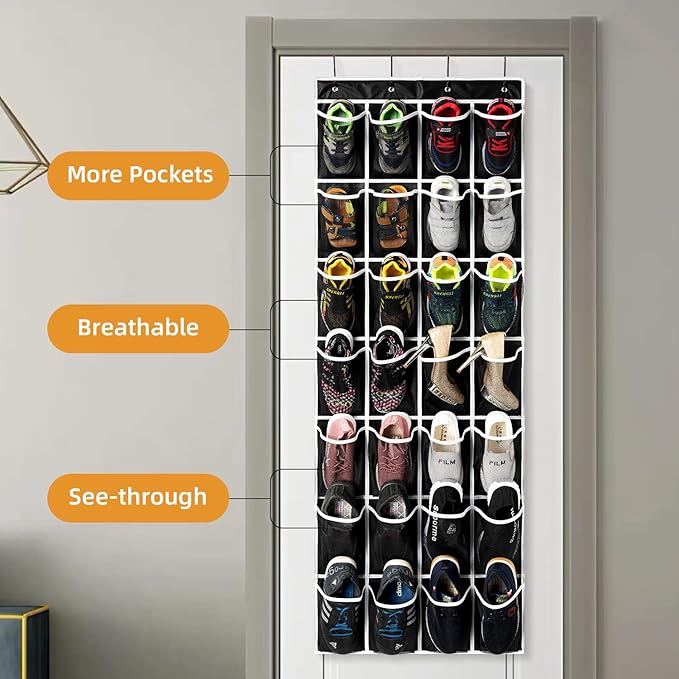 28 Pockets Over the Door Shoe Organzier, Hanging Shoe Organizer for Door Large Capacity Shoe Storage Bag with 4 Metal Hooks (Black-1Pack)
