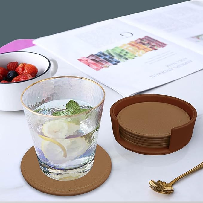 Coasters Set of 6 Soft Leather Drink Coaster Round Coaster with Sewing Around, Suitable for Various Cups, Wooden Tables,Home Decoration,4 Inches(Brown)