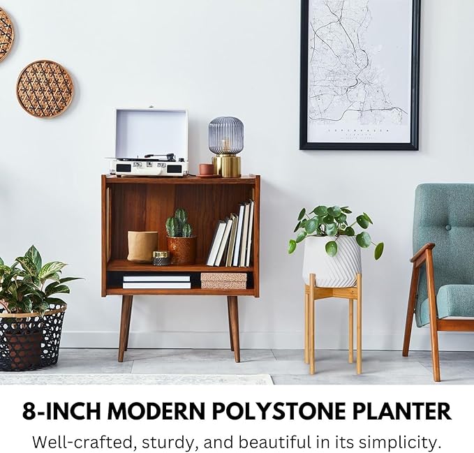 Fox & Fern 8 Inch Plant Pot with Drainage Plug — Premium Polystone White Plant Pot; Modern Planter with 3D Texture and Ceramic Finish; 8 Inch Pots for Plants Indoor & Outdoor; Lightweight