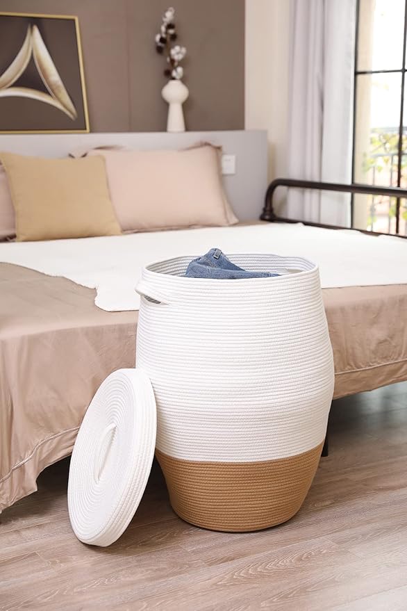 26" x 20" Tall Extra Large Storage Basket with Lid, Cotton Rope Storage Baskets, Woven Laundry Hamper with Cover, Cloth Storage Bin, for Clothes Towels Blanket in Living Room, White/Camel Bottom