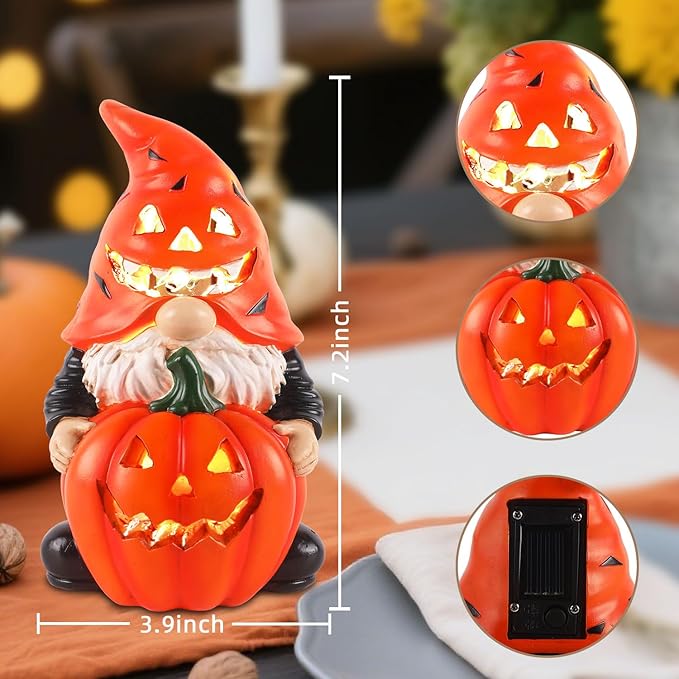 Halloween Gnomes Solar Pumpkin Decor - Unique Resin Gnome with Glowing Pumpkin, Ideal Gift for Women, Outdoor Yard Garden Halloween Decorations