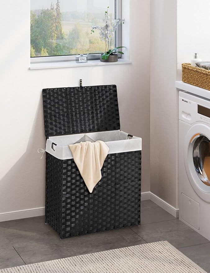 Greenstell Laundry Hamper with 2 Removable Liner Bags, Foldable Divided Clothes Hamper, 90L Handwoven Synthetic Rattan Laundry Basket with Lid and Handles, Easy to Install Black 18.3x13.3x24 Inches
