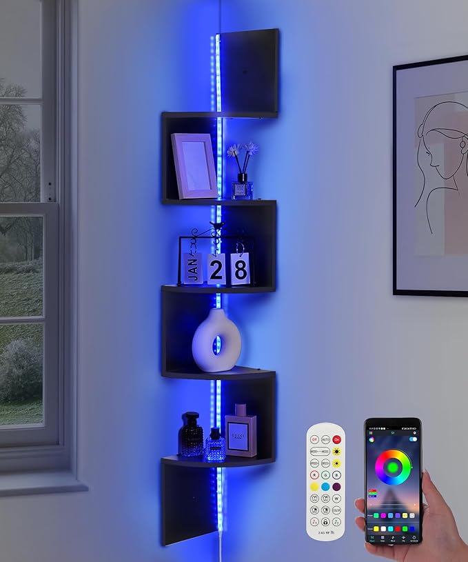 5 Tiers Corner Shelf with RGB LED Lights, 49.2" Wall Mount Floating Corner Display Shelf for Living Room Bedroom Home Office Decor, APP & Remote Control (Black)
