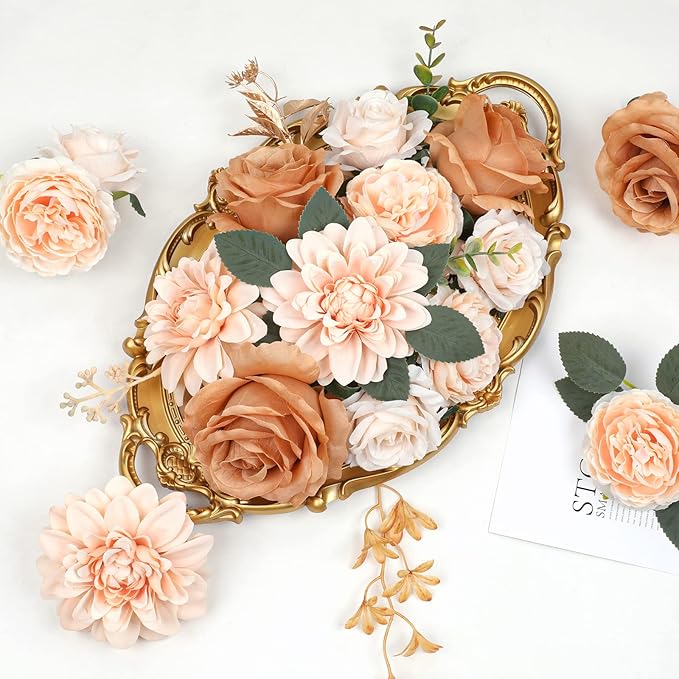 AmyHomie Champagne Nude Artificial Flowers Combo Silk Mix Peony Rose Daisy Fake Flowers w/Stem for DIY Wedding Bouquets Centerpieces Arrangements Table Decor Party Bridal Baby Shower Home Decor
