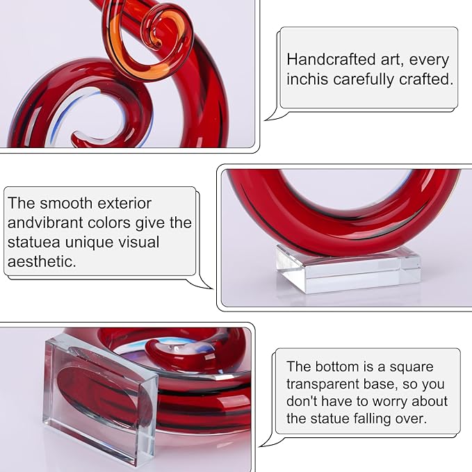 Murano Glass Sculpture - Large Red Hand Blown Glass Figurines, Modern Decor Crystals - Luxury Home Living Room Office Console Table Decor