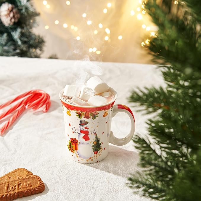 Christmas Snowman Festive Mug - Ceramic Microwave & Dishwasher Safe - 10.5oz Holiday Mugs for Coffee, Hot Chocolate, Eggnog - Merry Christmas - Elf, Tree, Santa Design - Red & Green Great Gift!