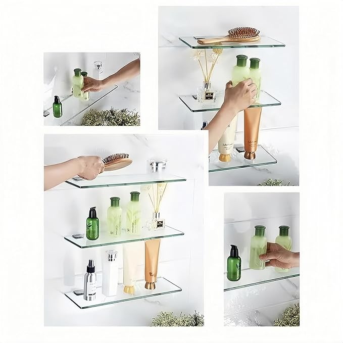 Glass Bathroom Shelf Wall Mounted 9.84 inches Tempered Glass Stainless Steel Tempered Transparent Glass with Chrome Bracket for Bathroom Bedroom Kitchen Balcony