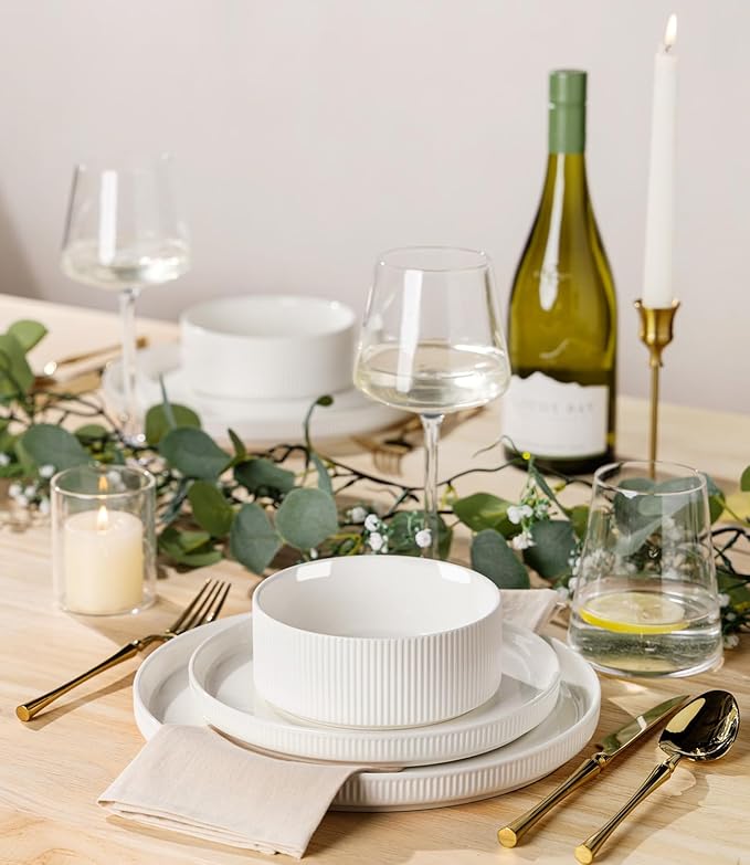 TheTerra Ceramic Dinnerware Sets for 8, 24 Pieces Porcelain Lightweight Plates and Bowls Sets, Scratch Resistant Dish Set, Oven & Microwave & Dishwasher Safe, Bright White