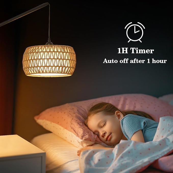 Arc Floor Lamps for Living Room, Rattan Floor Lamp with Remote, Boho Standing Lamp with Crystal Hanging Decor, Adjustable Arm Stand Up Lamp, Dimmable Tall Light for Bedroom Over Couch (Bulb Included)