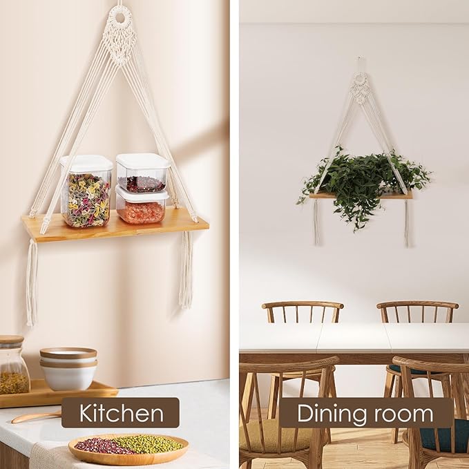 Macrame Wall Hanging Shelf Set of 2,Boho Wooden Display Floating Shelves for Wall Decor with Handmade Woven Rope,Farmhouse Rustic Plant Shelf for Bedroom Dorm Nursery Living Room Bathroom