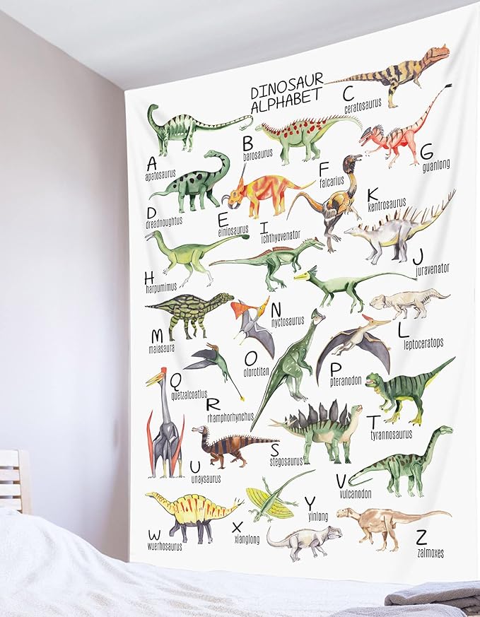 HVEST Dinosaur Tapestry Vertical Wall Hanging ABC English Alphabet and Wild Animal Tapestries Illustrative Reference Chart Tapestry for Kids Bedroom Living Room Teen Dorm Party,70.9x92.5 Inches