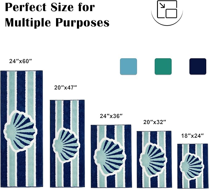 Navy Blue Beach Long Bathroom Rugs Runner Non Slip Washable Cute Coastal Bath Mats Rugs for Bathroom Floor Nautical Fluffy Plush Soft Absorbent Farmhouse Carpet for Shower, Tub, 20x47 inch