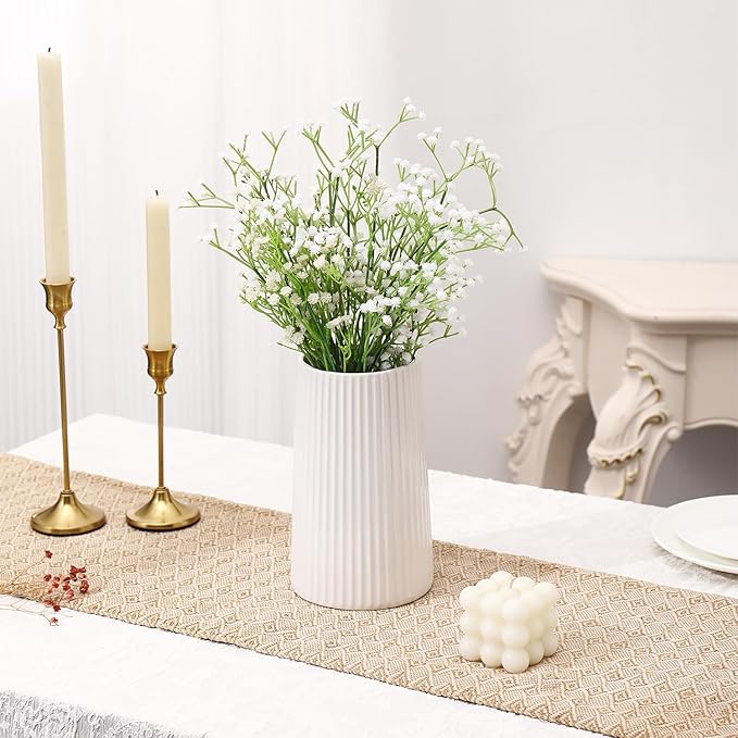 White Ceramic Vase for Flowers, Large Modern White Vase for Home Decor, Decorative Vase for Living Room, Office, Mantel, Bookshelf, Dining Table, 8 inches