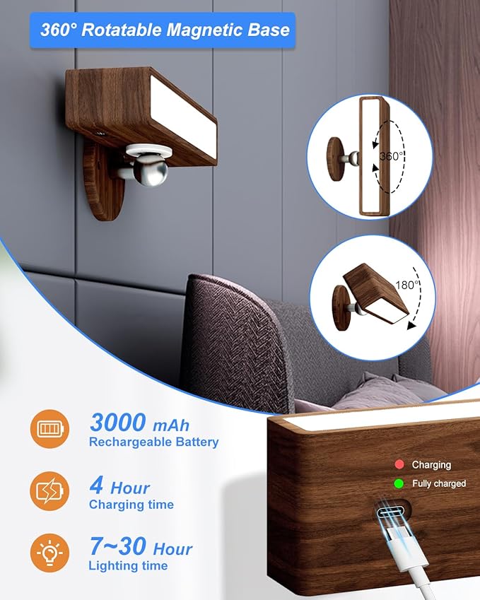 YiLaie Battery Operated Wall Sconce with Remote Control, Rechargeable Wall Lights for Bedroom,Wood Wall Lights Dimmable,Wireless Wall Mount Lamp with 3 Color Temperature for Bedroom,Bedside Reading