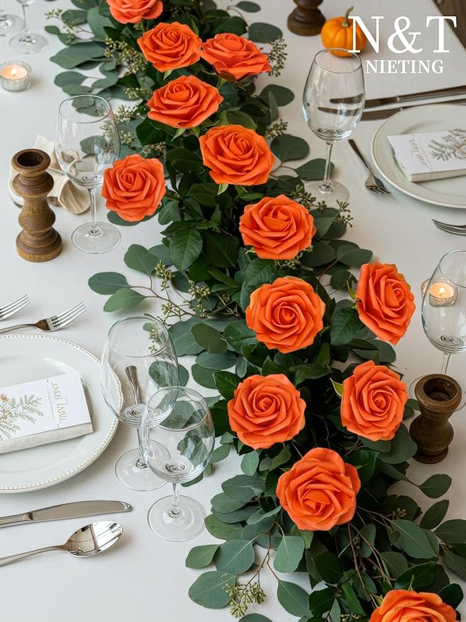 N&T NIETING Artificial Flowers, Fake Flowers Burnt Orange Roses Perfect for DIY Wedding Bridal Bouquets Centerpieces Bridal Shower Party Home Flower Arrangement Decorations, 25Pcs