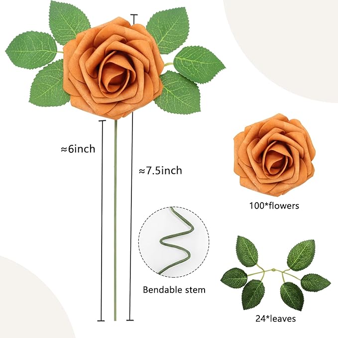 100PCS Artificial Flowers Gold Sparrow Roses Real Looking Foam Fake Roses with Leaves and for DIY Wedding Bouquets Bridal Shower Centerpieces Party Decorations (Gold Sparrow, 100)