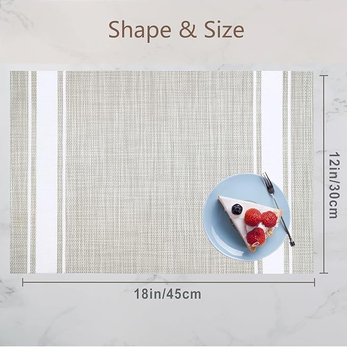 DACHUI Placemats Set of 8, Soft & Elegant Woven Vinyl Place Mats, Water Resistant, Heat Resistant, Washable, Durable Table Mats (White Stripes)