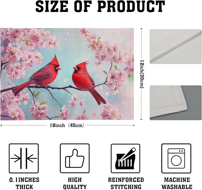 Giwawa Spring Birds Placemats Set of 4-12x18 Inch Red Bird Cherry Blossom Floral Place Mat- Stain Heat Resistant Linen Table Mats for Kitchen Dining Tabletop Seasonal Party Indoor Outdoor Decor