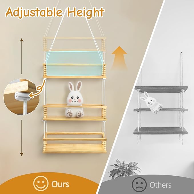 Gronda Stuffed Animal Storage 3 Tier Hanging Toy Organizer Adjustable Stuffies Animals Hammock Plush Holder Nursery Decor Wooden Floating Shelf for Kids Room Bedroom Living Room Nursery