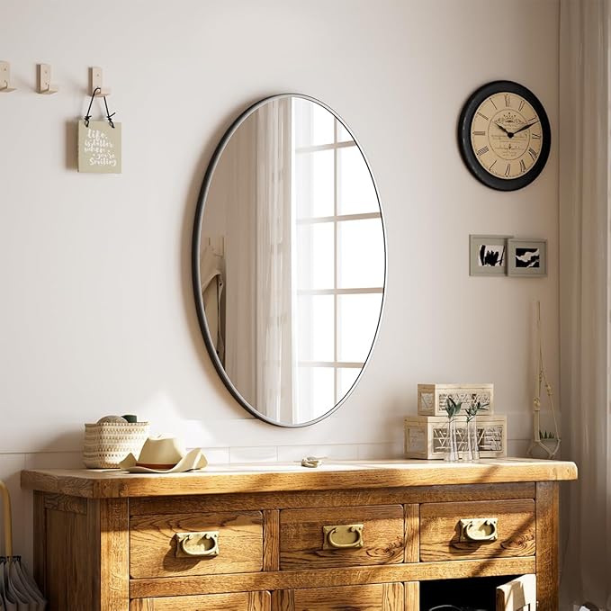 Black Oval Bathroom Mirror, 20 x 28 inch Modern Oval Wall Mounted Vanity Mirror with Tempered Glass Hanging Horizontally or Vertically, Black