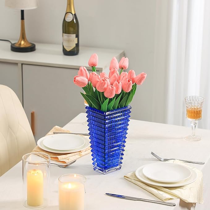 MCMCNCUIU Crystal Vase, Large Crystal Vases for Flowers, Large Flower Vase, Modern Blue Vases for Living Room, Bedroom, Kitchen, Dining Table, Mantle, Wedding, 9 Inches