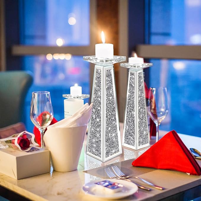 Wocred 2 Piece Candlestick Holders for Holding Pillar Candles, Crystal Crushed Diamond Candle Holders Set Decor for Dinning Room, Silver Glass Votive Candle Holders for Table Centerpiece(12”)
