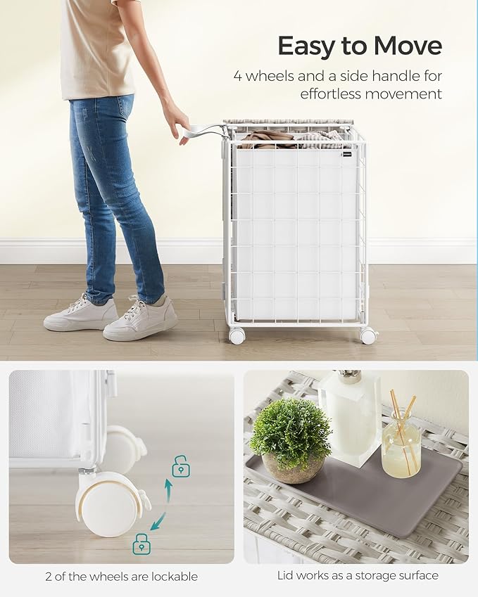 SONGMICS Laundry Hamper, 90L Laundry Basket with Lid, Clothes Hamper with Wheels, Collapsible Removable Liner Bag, Iron-Made Laundry Sorter, Cloud White ULCB290W01