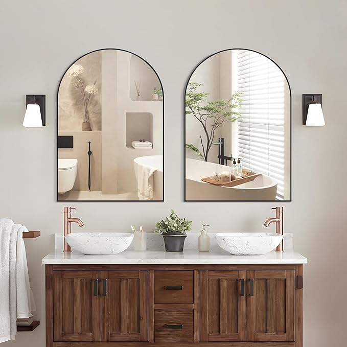 Black Arched Bathroom Mirror 24"X36" Black Arched Mirror Wall Mounted Mirror Modern Farmhouse Mirror Vanity Curved Arch Hanging Mirror Frosted Metal Frame for Bedroom Living Room DéCor