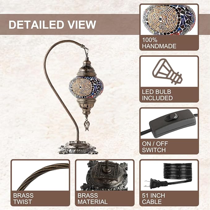 Kafthan Turkish Moroccan Mosaic Lamp – Handmade Glass Swan Neck Bedside Lamp with Antique Brass Base, Ideal Decor for Bedroom, Office, Living Room – Bulb Included (Red&Navy Central Circles)