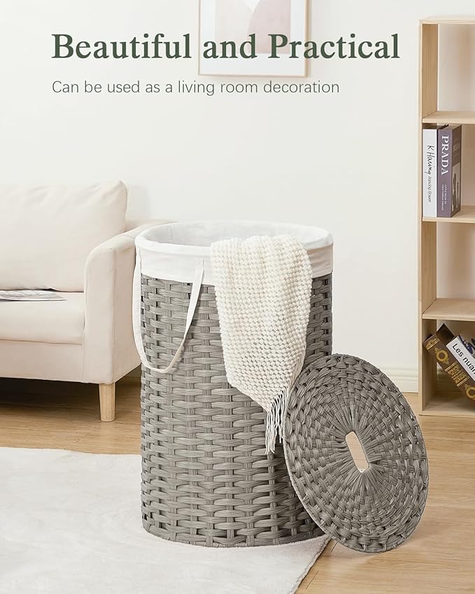 Large Laundry Hamper Laundry Basket Round 34.3 Gal (130 L) Handwoven Wicker Laundry Baskets Rattan Laundry Basket with Laundry Bag Handles 2 Mesh Bags for Living Room Bedroom Gray