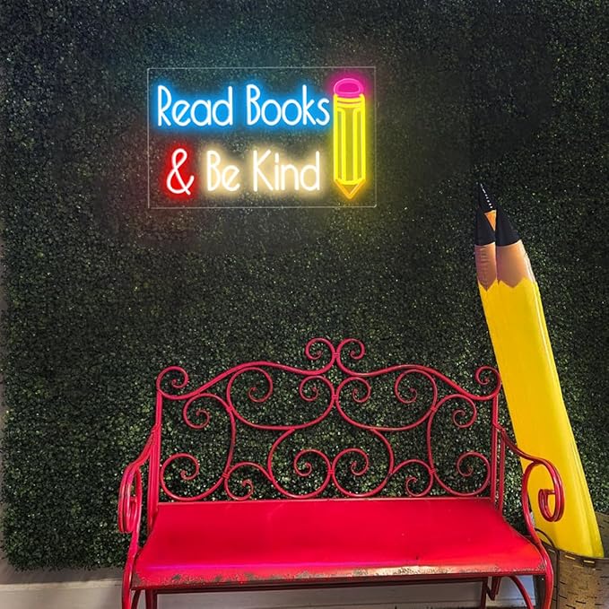 Read Books and Be Kind Neon Sign for Wall Decor, Dimmable LED Reading Sign Classroom, USB Books Neon Light for Reading Room Library Book Party Decoration, 15”x 9.2”