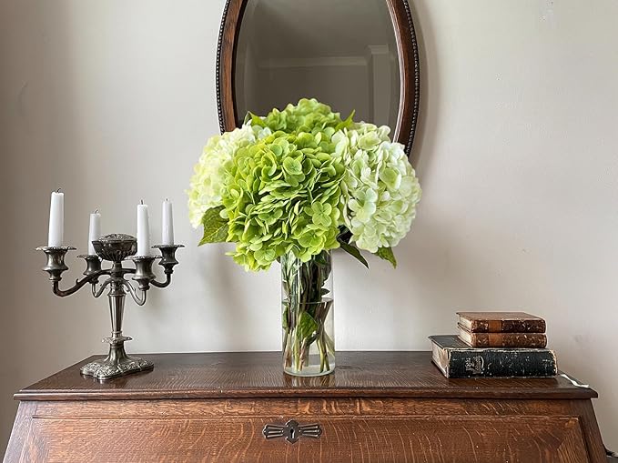 YalzoneMet Hydrangea Artificial Flower Natural Lifelike Real 21 inch Latex Long Stem 2 Light Green+2 Dark Green Hydrangea Flower Bouquets for Home Party Outdoor Wedding Table Centerpiec Decor