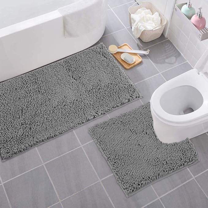 Bathroom Rugs Sets 2 Piece, Luxury Chenille Bath Mat Set, Soft Plush Anti-Slip Bath Rug + U-Shaped Toilet Mat. Microfiber Shaggy Carpet, Super Absorbent (24” x 36” & 20” x 24” U, Light Grey)