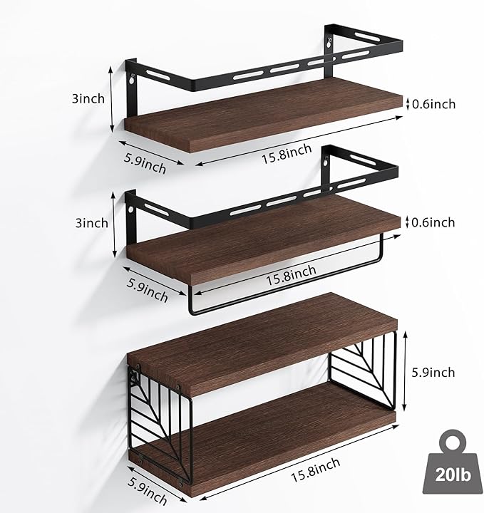 Fixwal 3+1 Tier Wall Mounted Bathroom Shelves Over Toilet, Rustic Wood Floating Shelves with Metal Frame and Towel Bar for Bathroom, Kitchen, Bedroom, Living Room (Dark Brown)