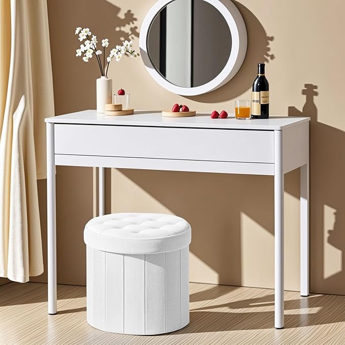 Ottoman with Storage, Foot Rest Stool with Thicker Foam Padded Seat Velvet Small Round 14“ x 14” x 13 "Inchs Storage Ottoman Bench for Living Room Foldable Pouf Coffee Table 2 Pack, White
