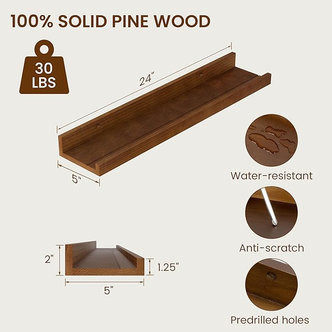Picture Ledge Shelf, Solid Pine Wood Rustic Floating Shelves for Wall, 24 Inch Floating Shelves with Lip for Bedroom Kitchen Living Room Nursery Display Wall Decor, Set of 2 (Walnut)