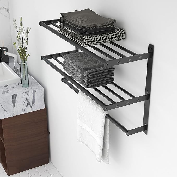 Hotel Towel Rack with 3-Tier Shelf, 24 Inch Wall Mounted Bathroom Bar, Matte Black Lavatory Bath Tower