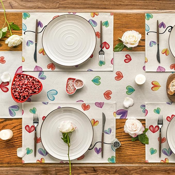 Artoid Mode Multicolor Love Hearts Valentine Placemats Set of 4, 12x18 Inch Seasonal Anniversary Holiday Table Mats for Party Kitchen Dining Decoration
