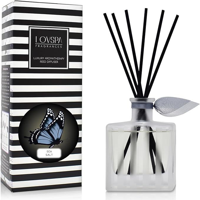 LOVSPA Sea Salt Reed Diffuser Sticks Set - Clean, Fresh Scent of Sea Air, Jasmine Blossoms & Aquatic Musk - Ocean Marine Scent Diffuser for Large Rooms - Made in The USA