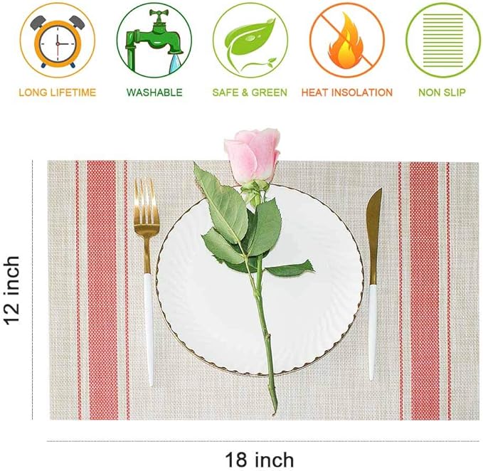 GIVERARE Placemats Set of 4, Heat-Resistant Woven Vinyl Placemat, Non-Slip Washable PVC Table Mat, Easy to Clean Premium Plastic Mats at for Dining, Kitchen Table (Stripe Red)